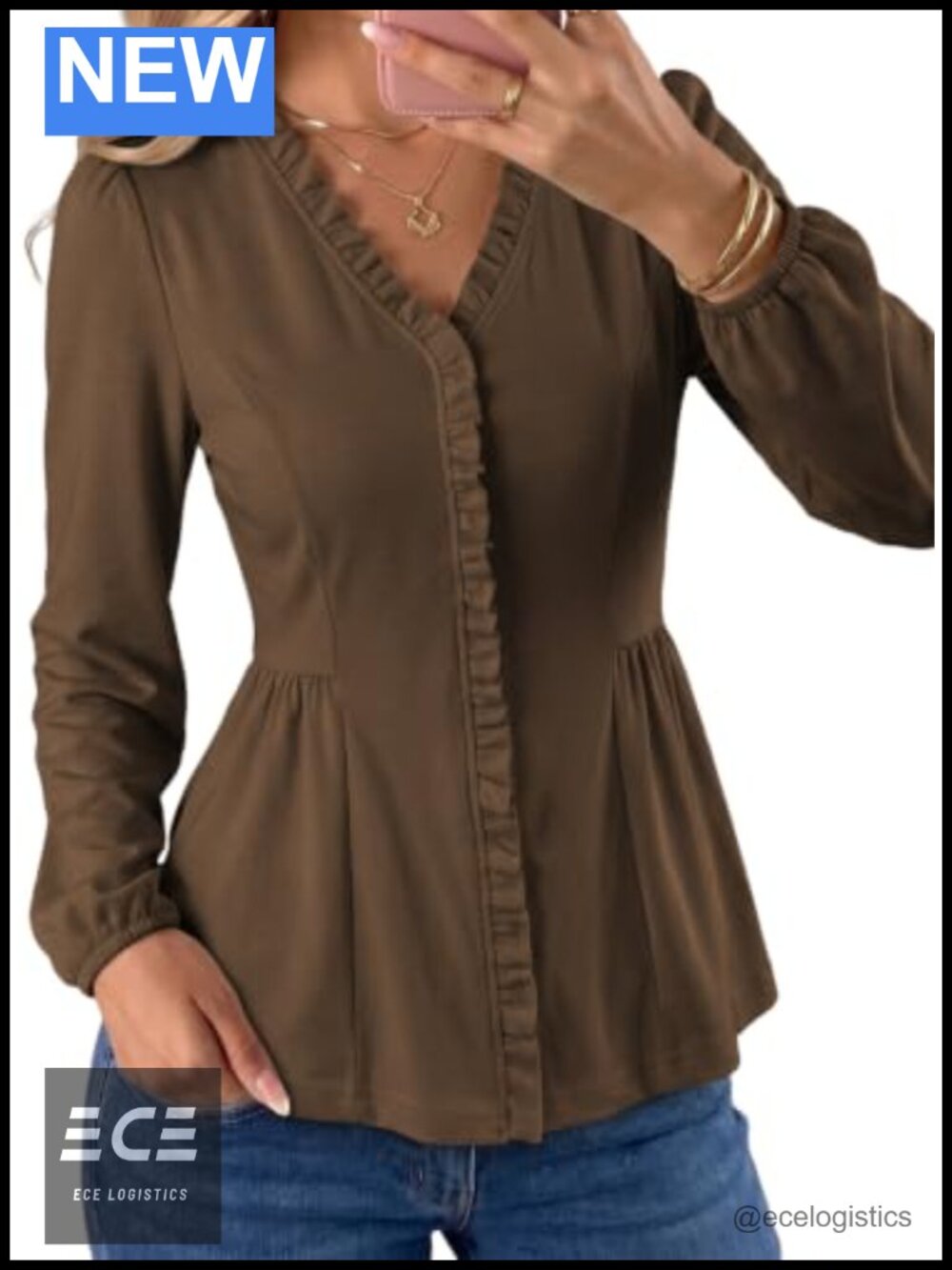 Womens Ruffle Trim V Neck Long Sleeve Peplum Top Lightweight Knit Blouse